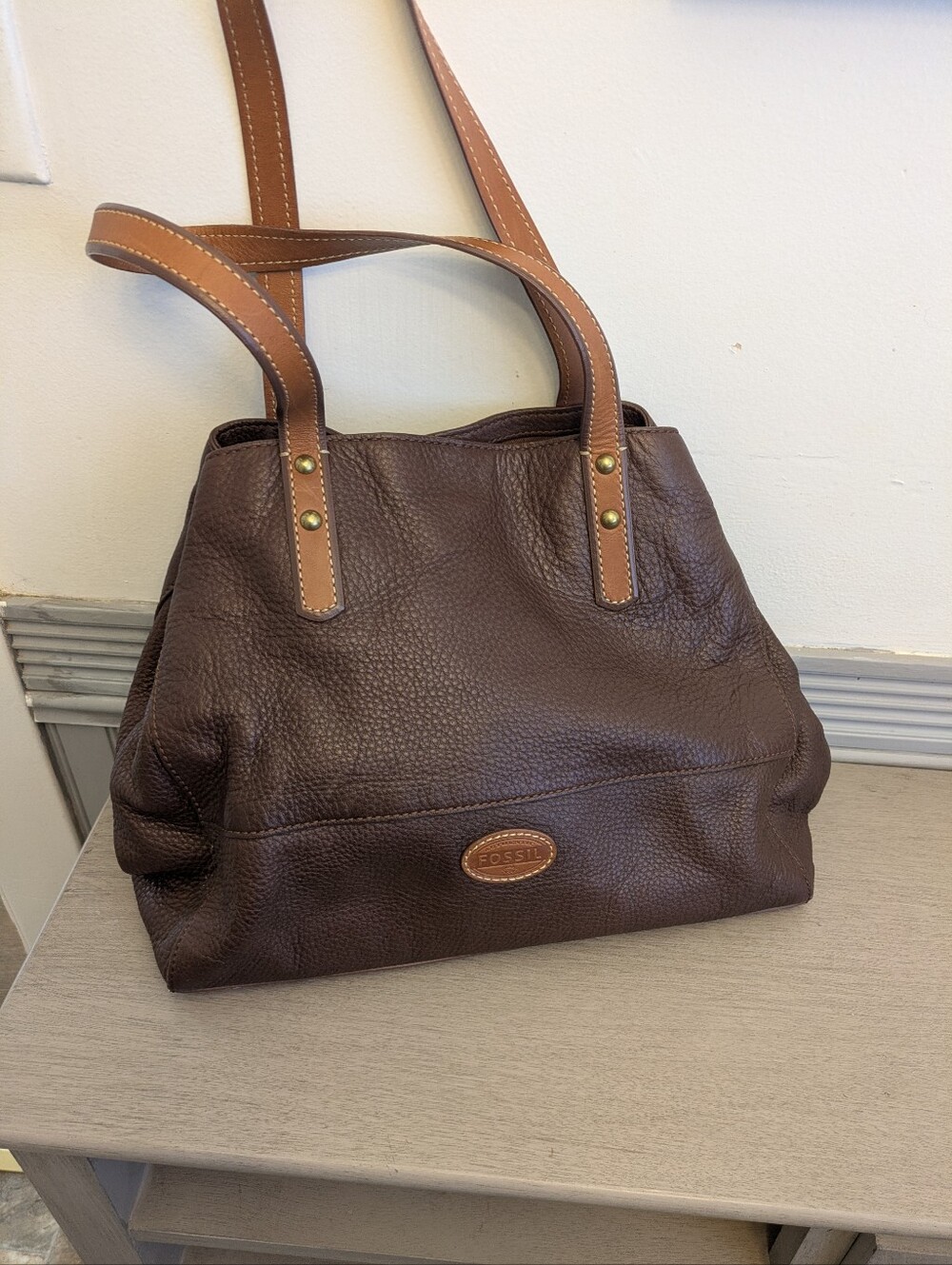 Fossil Dark Brown Pebbled Leather Shoulder Bag with Tan Straps